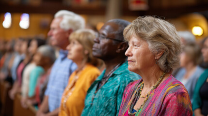 Obraz premium Diverse people standing in worship, modern community church interior, contemporary faith gathering, unified spiritual moment, defocused sanctuary, with copy space