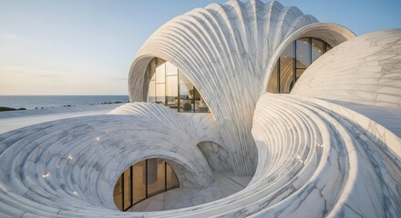 Modern shellshaped architectural building on a sandy beach by the ocean