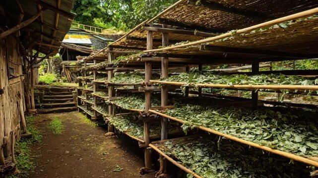 Medium shot of expandable batch redrying racks demonstrating multiple tier adjustments with leaves drying in a rustic farm environment.