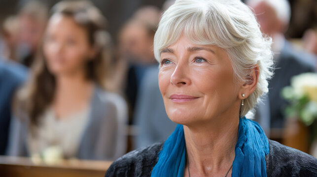 Senior woman at funeral service, group sharing loss, community support moment, solemn gathering atmosphere, compassionate congregation, defocused mourners, with copy space - Powered by Adobe