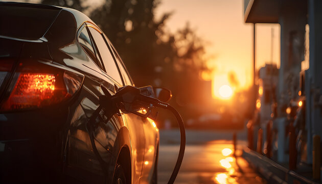 A car is being filled with gas at a gas station. The sun is setting in the background, creating a warm and peaceful atmosphere