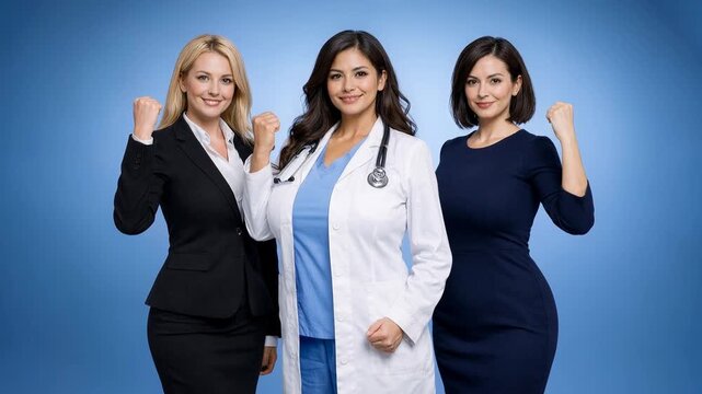 Three confident professional women including doctor and business executives raising fists, female empowerment and success concept