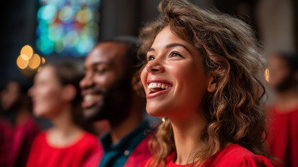 Fototapeta premium Diverse gospel choir singing joyfully, church performance gathering, men and women in religious music, worship and celebration concept, with copy space