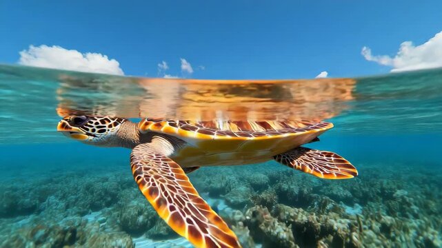 Swimmers and sea turtles explore clear waters above coral reefs on a bright sunny day in a tropical ocean