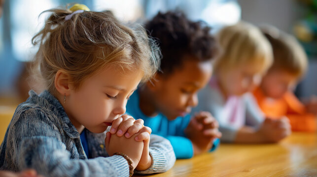Diverse children praying with closed eyes, young students at table, faith and devotion display, religious education moment, Christian spirituality concept, with copy space
