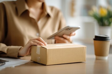 Commerce delivery access for online payment while sitting at a table with a coffee in hand, preparing to receive a package