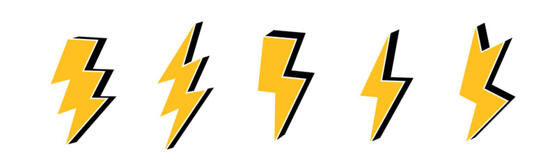 A collection of five bold yellow and black stylized lightning bolt shapes on a white background.