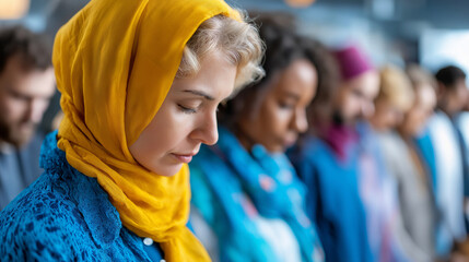 Diverse people praying with closed eyes, multicultural prayer group sharing faith, unity and spirituality concept, meditation gathering moment, defocused participants, with copy sp