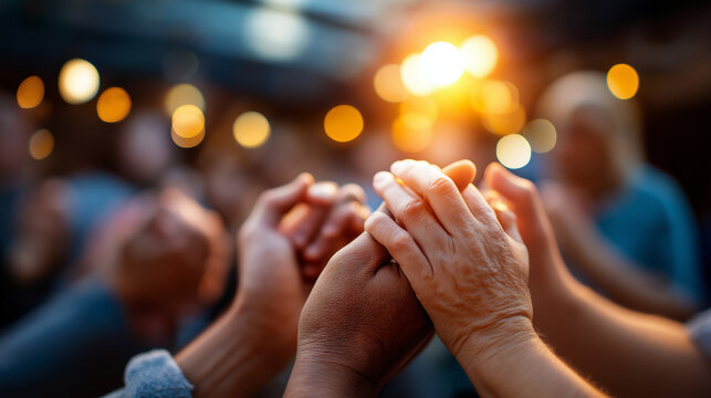 Christians praying to bless each other, diverse hands holding together, church support gathering, prayer circle unity, defocused worship setting, with copy space