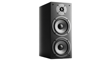 Black three-way speaker isolated PNG on transparent background, audio equipment for home entertainment and professional sound systems