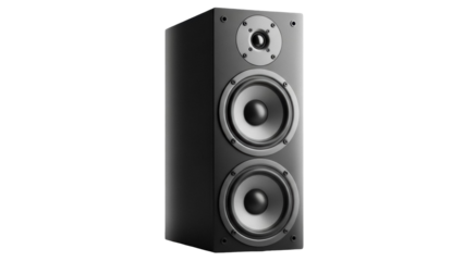 Black three-way speaker isolated PNG on transparent background, audio equipment for home entertainment and professional sound systems