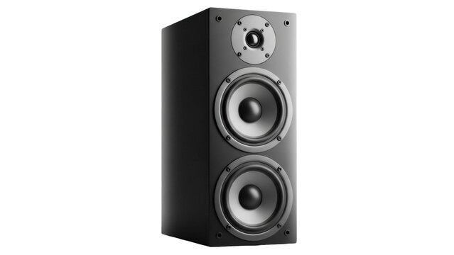 Black three-way speaker isolated PNG on transparent background, audio equipment for home entertainment and professional sound systems