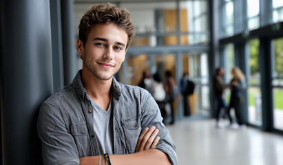 Portrait of blond American student standing in university corridor. Student standing relaxed in college building.