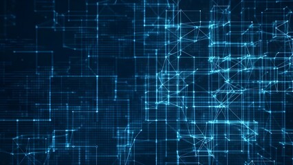Abstract digital technology background with glowing blue lines and nodes, representing data flow, network connection, and futuristic cyberspace concept in dark environment