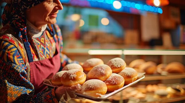 Traditional Polish Baker Presenting Fresh Paczki Donuts in Cozy Bakery Interior, Authentic European Food Video