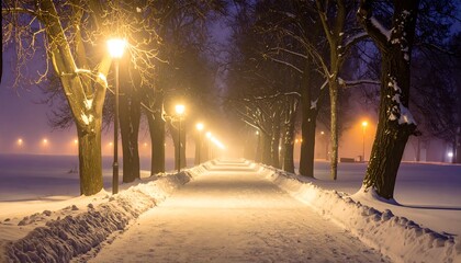 Snowy winter path at night, lit by lanterns