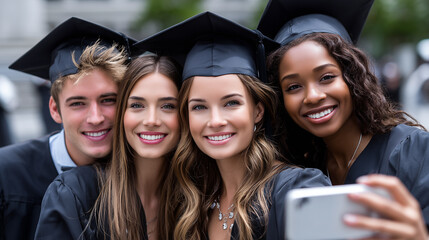 A portrait of a group of students taking selfies on graduation day. Friends take selfies with their diplomas after the graduation ceremony on campus.