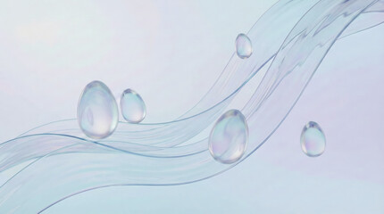 Elegant liquid glass swirls and floating bubbles, a vibrant Easter aesthetic, abstract fluid art, shimmering pastel tones, translucent curves, ethereal beauty, spring freshness, delicate and dreamy