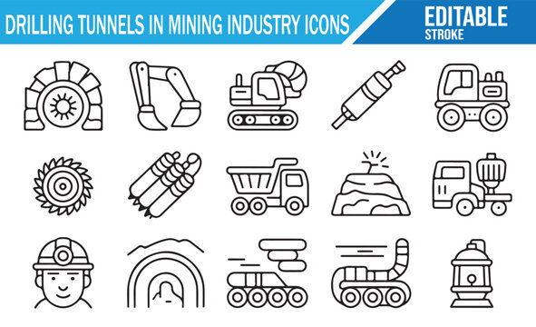 Drilling, Blasting, and Material Transport in Mining Icons