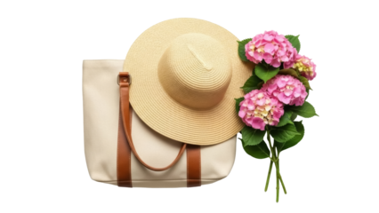 Straw sun hat with pink hydrangea flowers and tote bag isolated on transparent background, summer vacation accessories PNG