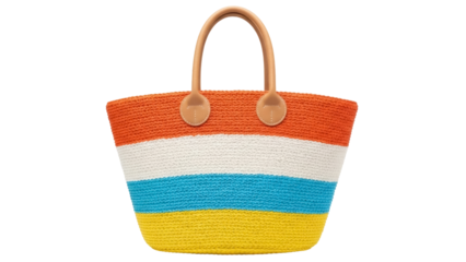 Striped straw tote bag PNG isolated on transparent background, colorful beach bag with leather handles for summer fashion and vacation use