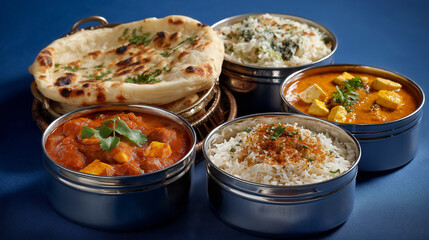  North Indian tiffin with butter naan, paneer curry, dal, and rice in a steel lunchbox.