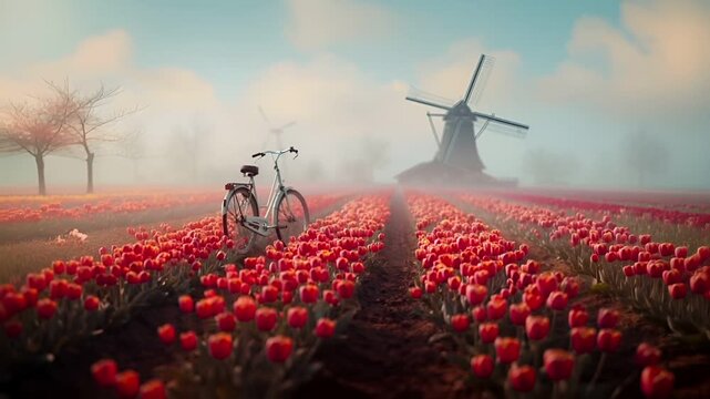 A vivid portrayal of a solitary bicycle amidst a field of red tulips. The scene is bathed in a soft, golden light, suggesting either dawn or dusk. The tulips are in full bloom.