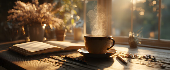 Cozy morning coffee scene with notebook and pen in soft sunlight for creative inspiration,National Letter Writing Day