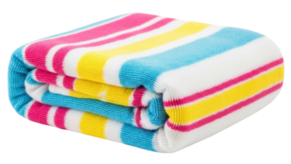 Folded striped beach towel PNG isolated on transparent background, colorful cotton terrycloth for summer vacation and travel
