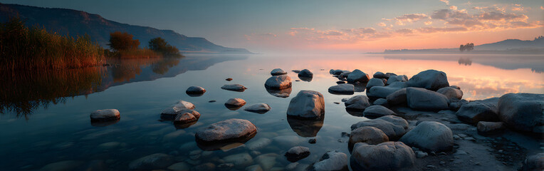Steine im See bei Sonnenaufgang Querformat 3:1