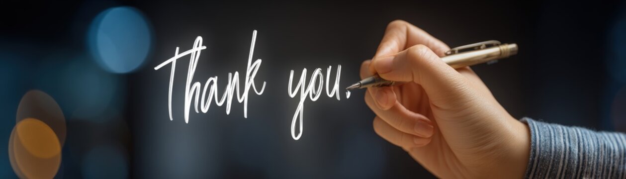 A hand is writing "Thank you" in elegant script against a softly blurred background, conveying gratitude and appreciation, Year-End team appreciation with blank space for text