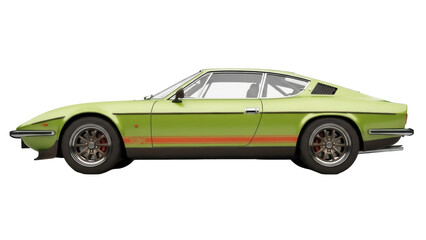 Lime green vintage sports car PNG isolated on transparent background, classic Italian coupe with orange stripes for design use