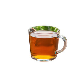 A transparent glass mug filled with hot tea in a natural green setting