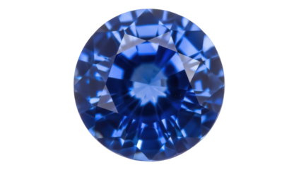 Round faceted blue sapphire isolated PNG, precious gemstone with brilliant cut for jewelry design and luxury goods on transparent background
