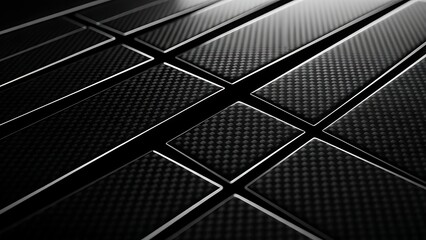 Geometric arrangement of dark carbon fiber panels with reflective edges on a black background