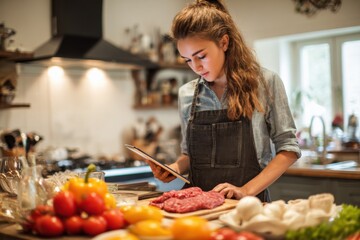 Teen girl prepares meal in cozy kitchen while following a recipe with her tablet during the afternoon