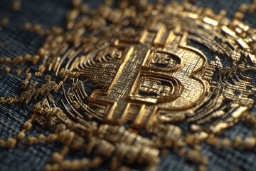 Realistic bitcoin texture created with intricate details showcasing the unique patterns of cryptocurrency on a dark textile background during daylight