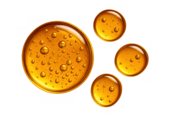Golden oil drops with bubbles, a transparent liquid serum representing cosmetic skincare and health products
