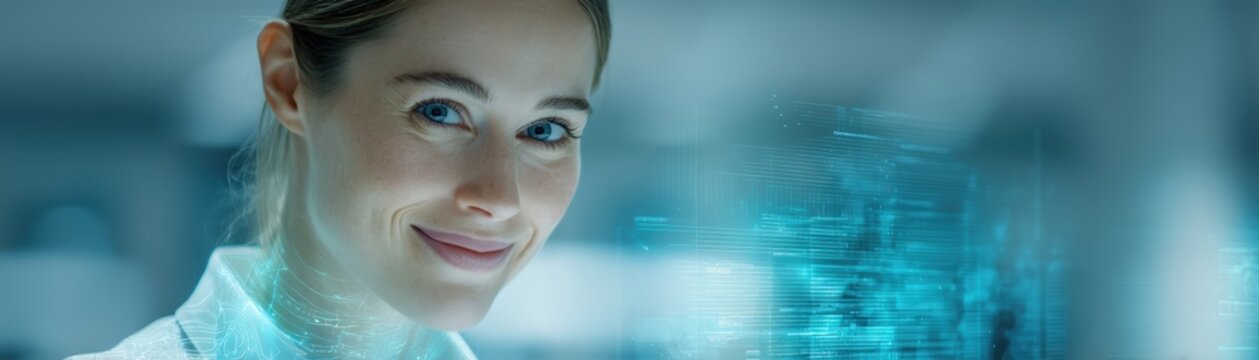 A smiling woman in a lab coat stands in a futuristic setting, with digital graphics and data overlays indicating a high-tech environment, Year-End team appreciation with blank space for text