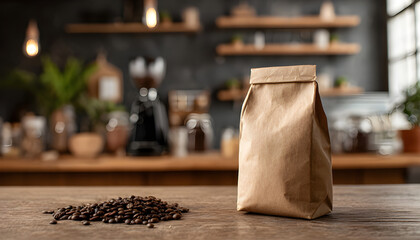 A bag of coffee sitting on a table, ready to be used