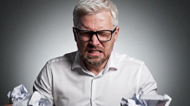 Angry businessman with glasses screams in frustration, tearing paper to shreds before glaring intensely at the camera against a gray studio background.