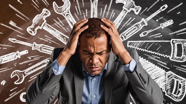 Stressed businessman holds his head as tools explode from his mind, symbolizing overwhelm, mental pressure, and the struggle to solve complex problems at work.
