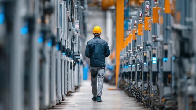 Precision Pathway: A solitary figure, clad in a safety helmet, navigates a vast industrial complex. The scene captures the essence of efficiency and expertise
