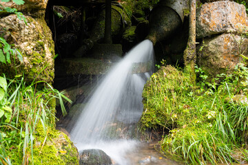 Water under pressure hits old water mill wheel, water bringed from nearby creek through metal pipe with nozzle at end, everything is covered with moss and wood is dilapidated