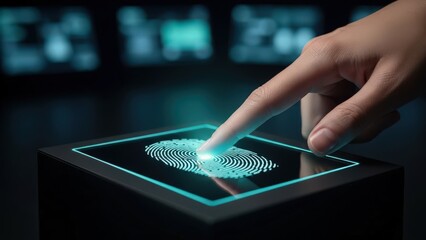 Human Hand Pressing Glowing Fingerprint Scanner for Biometric Security