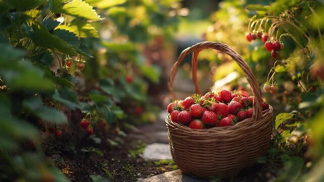 Freshly Picked Delights: A rustic basket overflows with vibrant, ripe strawberries, nestled within a lush garden. The image captures the essence of a bountiful harvest.