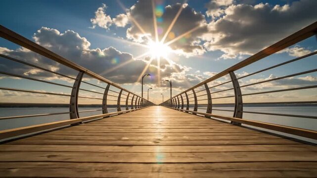 Wooden pier leading to the sun, path over water with dramatic sky, journey and hope concept, religious journey background