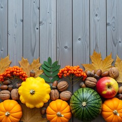 Autumn Seasonal Harvest with Pumpkins and Nuts on Wooden Background