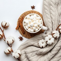 hot chocolate with marshmallows and cotton flowers