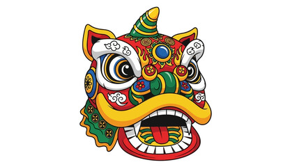 Chinese Lion Dance Illustration: A vibrant depiction of a traditional Chinese lion dance head, showcasing intricate details, bold colors, and cultural symbolism.